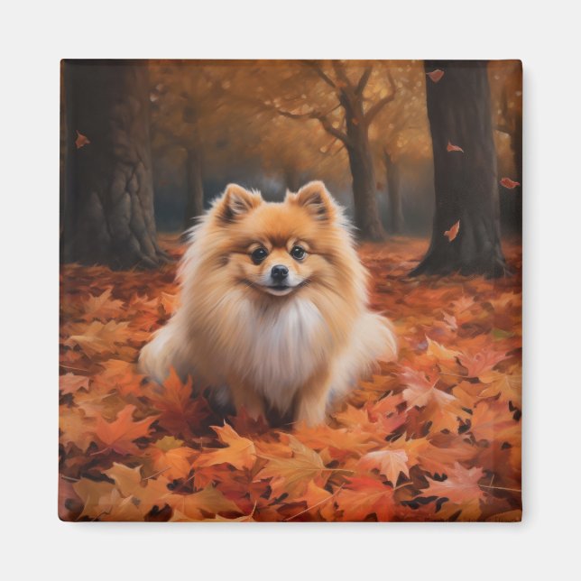 Pomeranian in Autumn Leaves Fall Inspire  Magnet (Front)