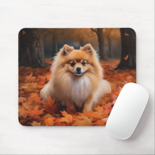 Pomeranian in Autumn Leaves Fall Inspire  Mouse Pad