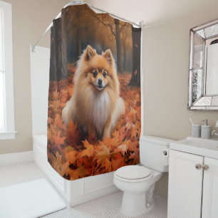 Pomeranian in Autumn Leaves Fall Inspire Shower Curtain