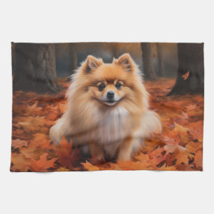 Pomeranian in Autumn Leaves Fall Inspire  Tea Towel
