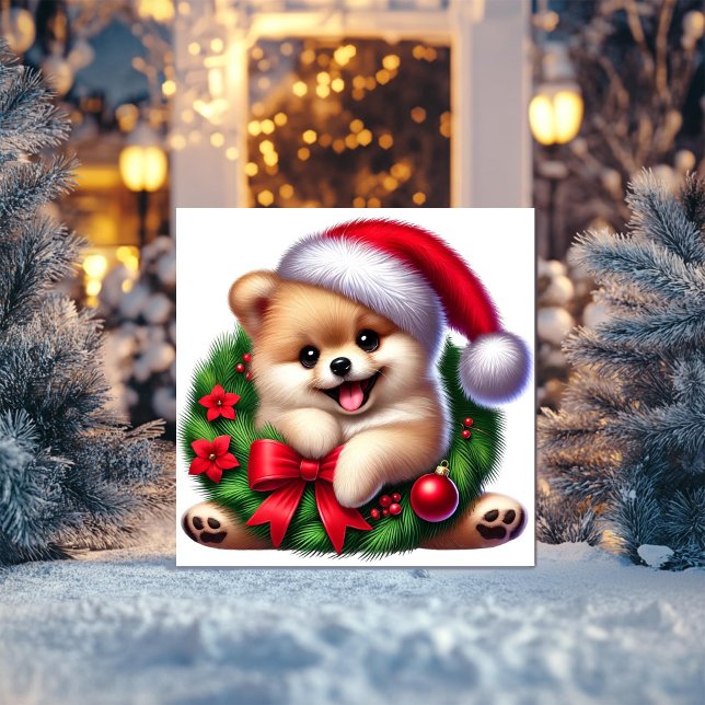 Pomeranian in Christmas Wreath Holiday Card (Creator Uploaded)