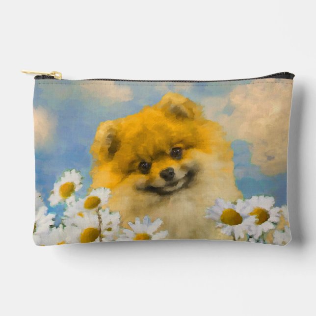 Pomeranian in Daisies Painting Original Dog Art Accessory Pouch (Front)