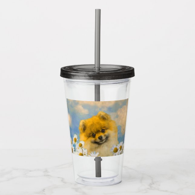 Pomeranian in Daisies Painting - Original Dog Art Acrylic Tumbler (Front)