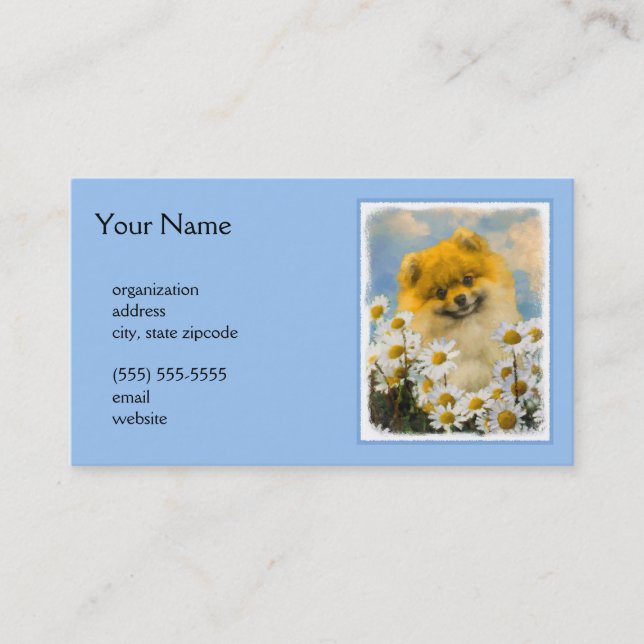 Pomeranian in Daisies Painting - Original Dog Art Business Card (Front)