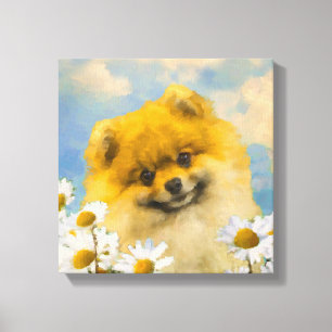 Pomeranian in Daisies Painting - Original Dog Art Canvas Print
