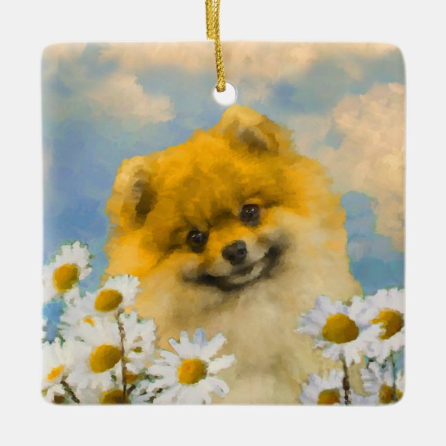 Pomeranian in Daisies Painting - Original Dog Art Ceramic Ornament (Front)