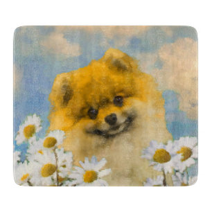 Pomeranian in Daisies Painting - Original Dog Art Cutting Board
