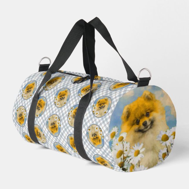 Pomeranian in Daisies Painting Original Dog Art Duffle Bag (Left Corner)