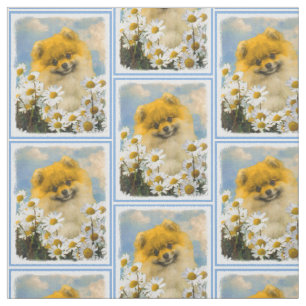 Pomeranian in Daisies Painting - Original Dog Art Fabric