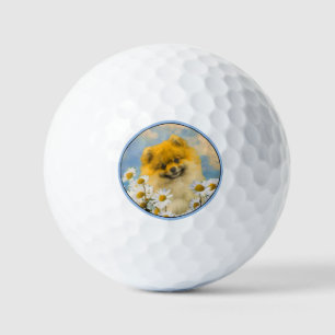 Pomeranian in Daisies Painting - Original Dog Art Golf Balls