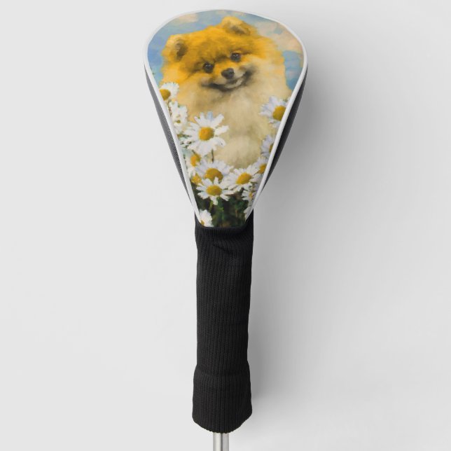 Pomeranian in Daisies Painting - Original Dog Art Golf Head Cover (Front)