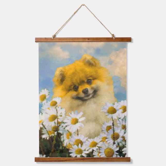 Pomeranian in Daisies Painting - Original Dog Art Hanging Tapestry (Front)