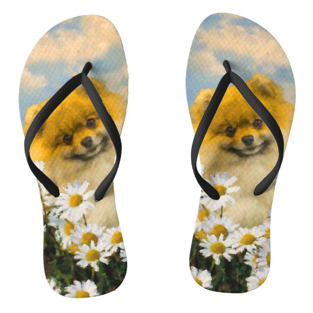 Pomeranian in Daisies Painting - Original Dog Art Jandals (Footbed)