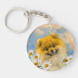Pomeranian in Daisies Painting - Original Dog Art Key Ring