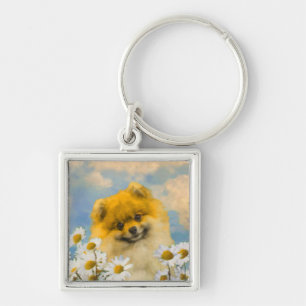 Pomeranian in Daisies Painting - Original Dog Art Key Ring