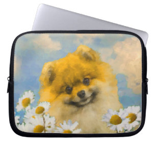 Pomeranian in Daisies Painting - Original Dog Art Laptop Sleeve