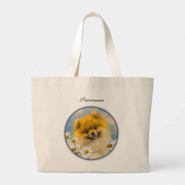 Pomeranian in Daisies Painting Original Dog Art Large Tote Bag (Back)