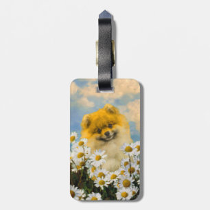 Pomeranian in Daisies Painting - Original Dog Art Luggage Tag