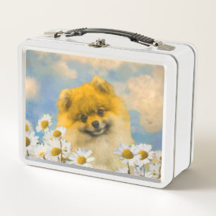 Pomeranian in Daisies Painting - Original Dog Art Metal Lunch Box