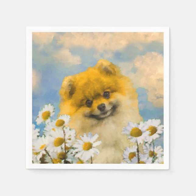 Pomeranian in Daisies Painting - Original Dog Art Napkin (Front)