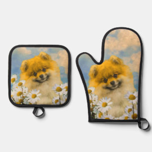 Pomeranian in Daisies Painting Original Dog Art Oven Mitt & Pot Holder Set