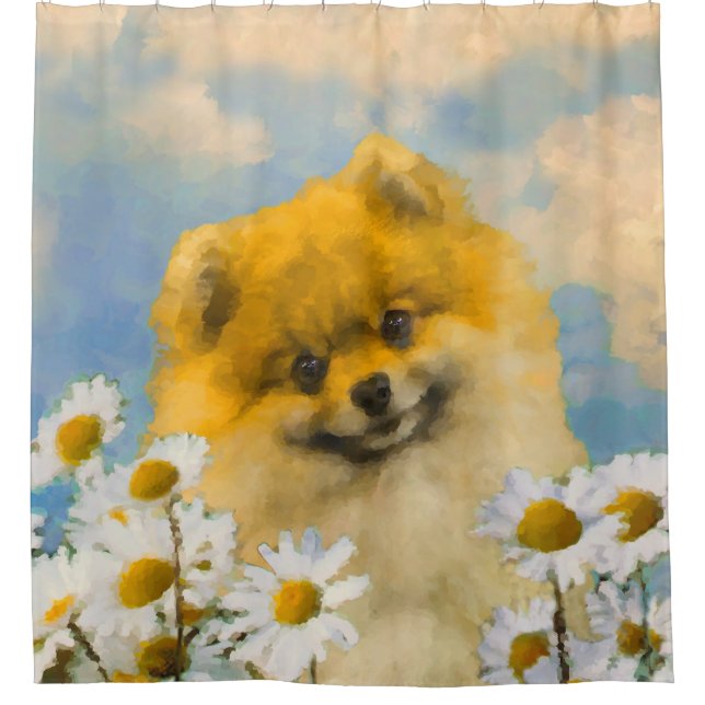Pomeranian in Daisies Painting - Original Dog Art Shower Curtain (Front)