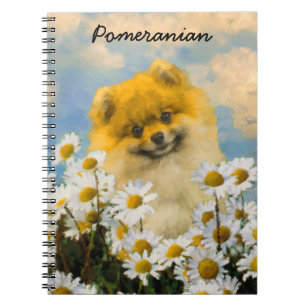 Pomeranian in Daisies Painting - Original Dog Art Spiral Notebook