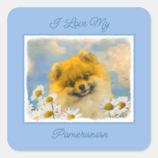 Pomeranian in Daisies Painting - Original Dog Art Square Sticker