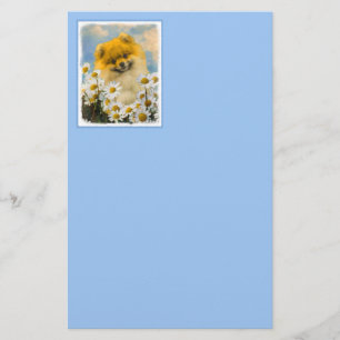 Pomeranian in Daisies Painting - Original Dog Art Stationery