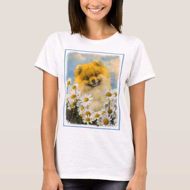Pomeranian in Daisies Painting - Original Dog Art T-Shirt (Front)