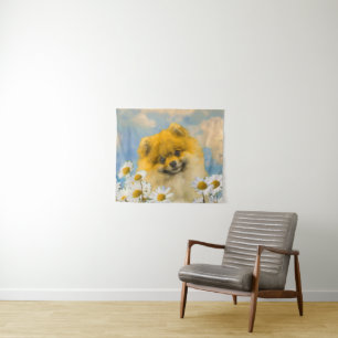 Pomeranian in Daisies Painting - Original Dog Art Tapestry