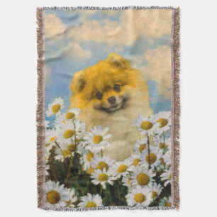 Pomeranian in Daisies Painting - Original Dog Art Throw Blanket