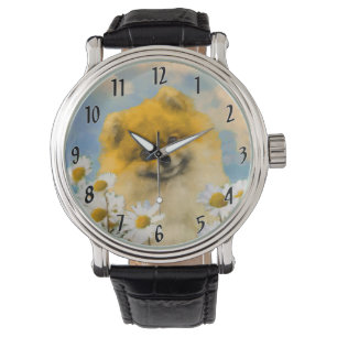 Pomeranian in Daisies Painting - Original Dog Art Watch