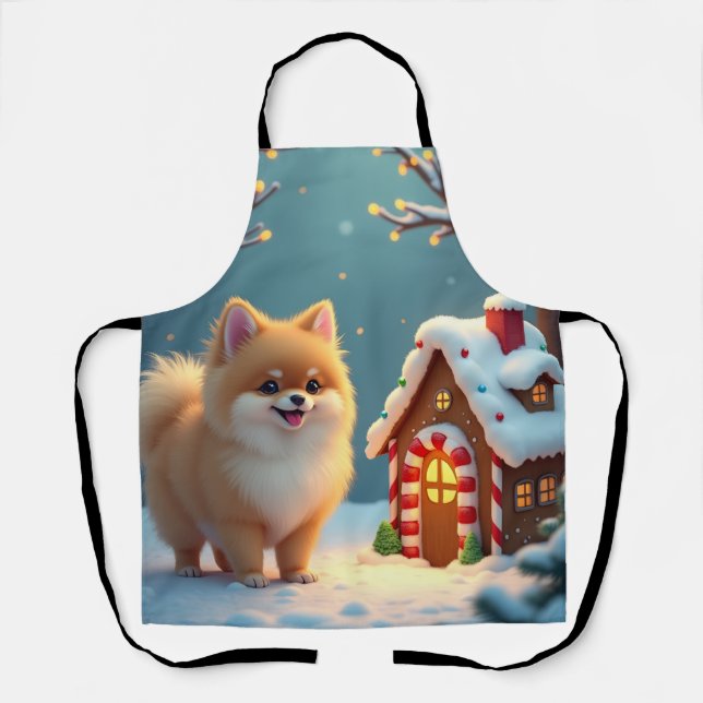 Pomeranian in Gingerbread Village Christmas Apron (Front)