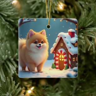 Pomeranian in Gingerbread Village Christmas Ceramic Ornament