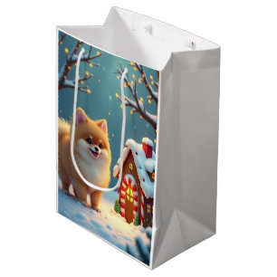 Pomeranian in Gingerbread Village Christmas Medium Gift Bag