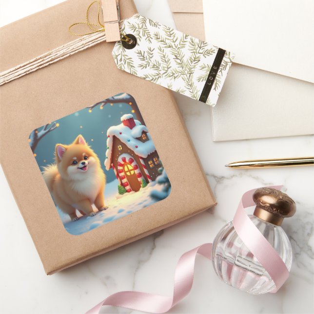 Pomeranian in Gingerbread Village Christmas Square Sticker (Gifting)