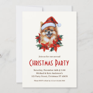 Pomeranian in Santa Hat Cute Dog Christmas Party Invitation