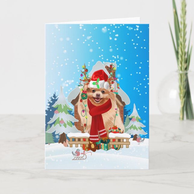 Pomeranian in snow with Christmas gifts  Card (Front)