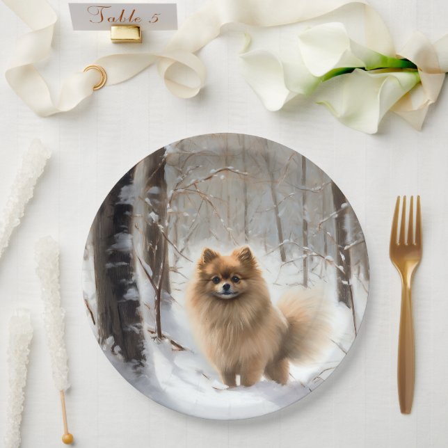 Pomeranian Let It Snow Christmas Paper Plate (Wedding)