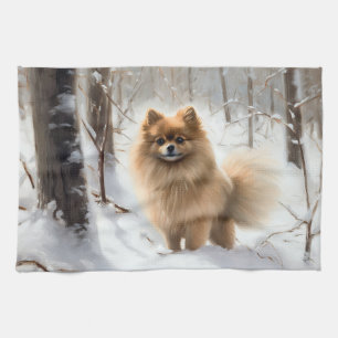 Pomeranian Let It Snow Christmas Tea Towel