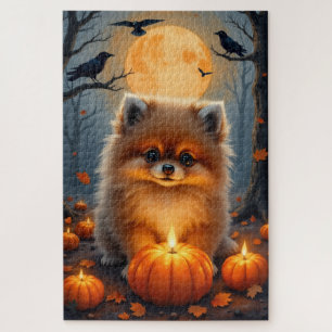 Pomeranian Moonlit Halloween Portrait Art Jigsaw Puzzle
