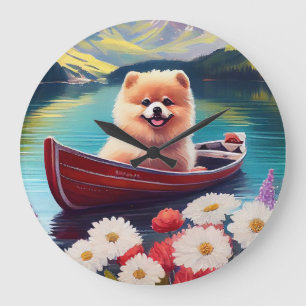 Pomeranian on a Paddle: A Scenic Adventure Large Clock