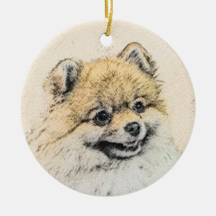 Pomeranian (Orange) Painting - Original Dog Art Ceramic Tree Decoration