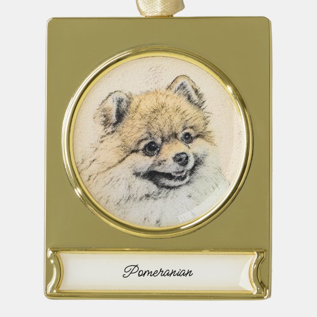 Pomeranian (Orange) Painting - Original Dog Art Go Gold Plated Banner Ornament (Front)