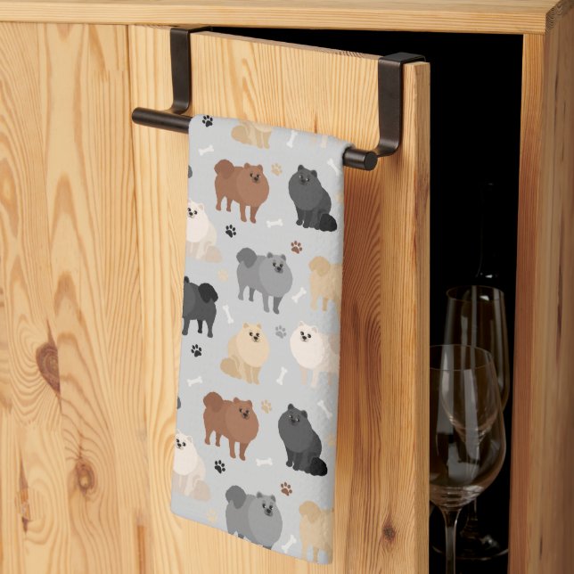 Pomeranian Paw-prints and Dog Bones Tea Towel (Thirds Fold)