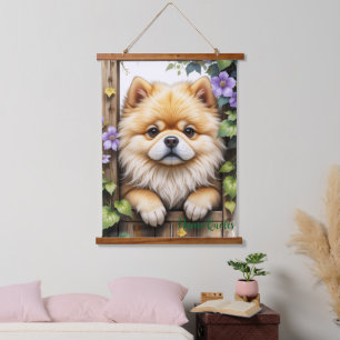 Pomeranian Peeking Through a Wooden Gate Hanging Tapestry