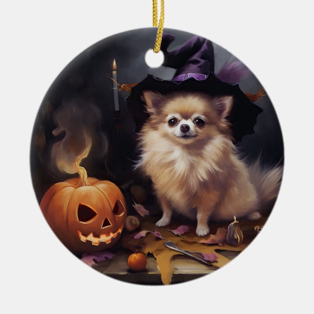 Pomeranian Pumpkins Halloween Scary  Ceramic Tree Decoration (Front)