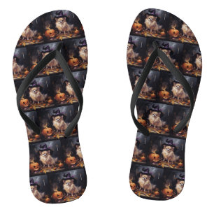 Pomeranian Pumpkins Halloween Scary Jandals