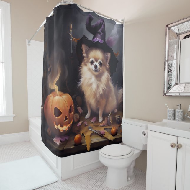 Pomeranian Pumpkins Halloween Scary  Shower Curtain (In Situ)